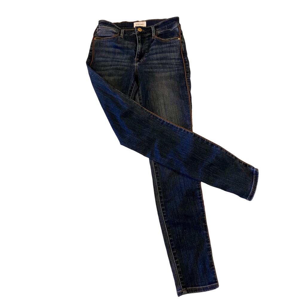 FRAME‎ Womens Blue Jeans with Brown Piping 27 Le High Skinny Preowned Unique